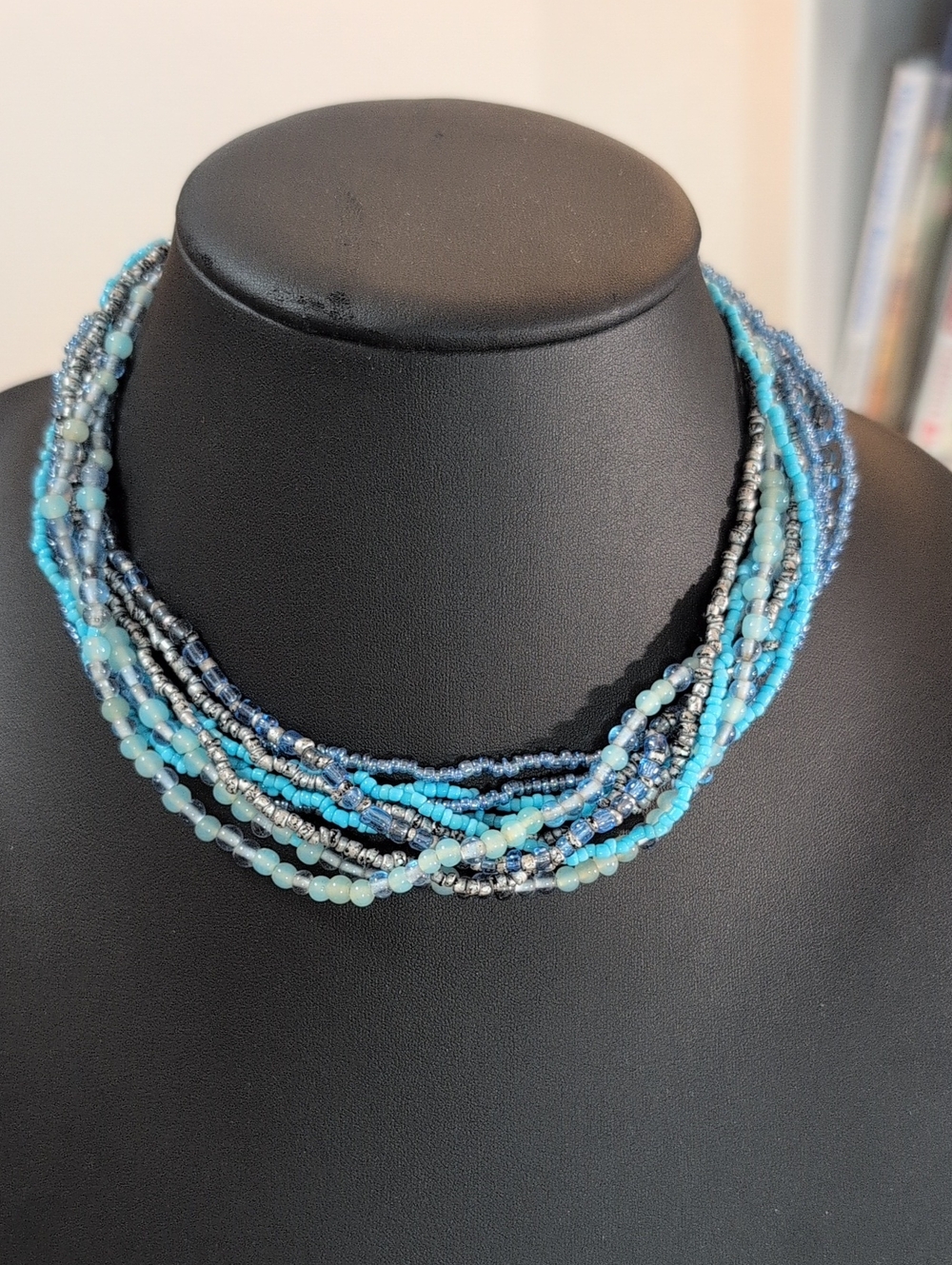 Vintage Multi-Strand Blue Beaded Women's Necklace - Ocean Blues And Gray